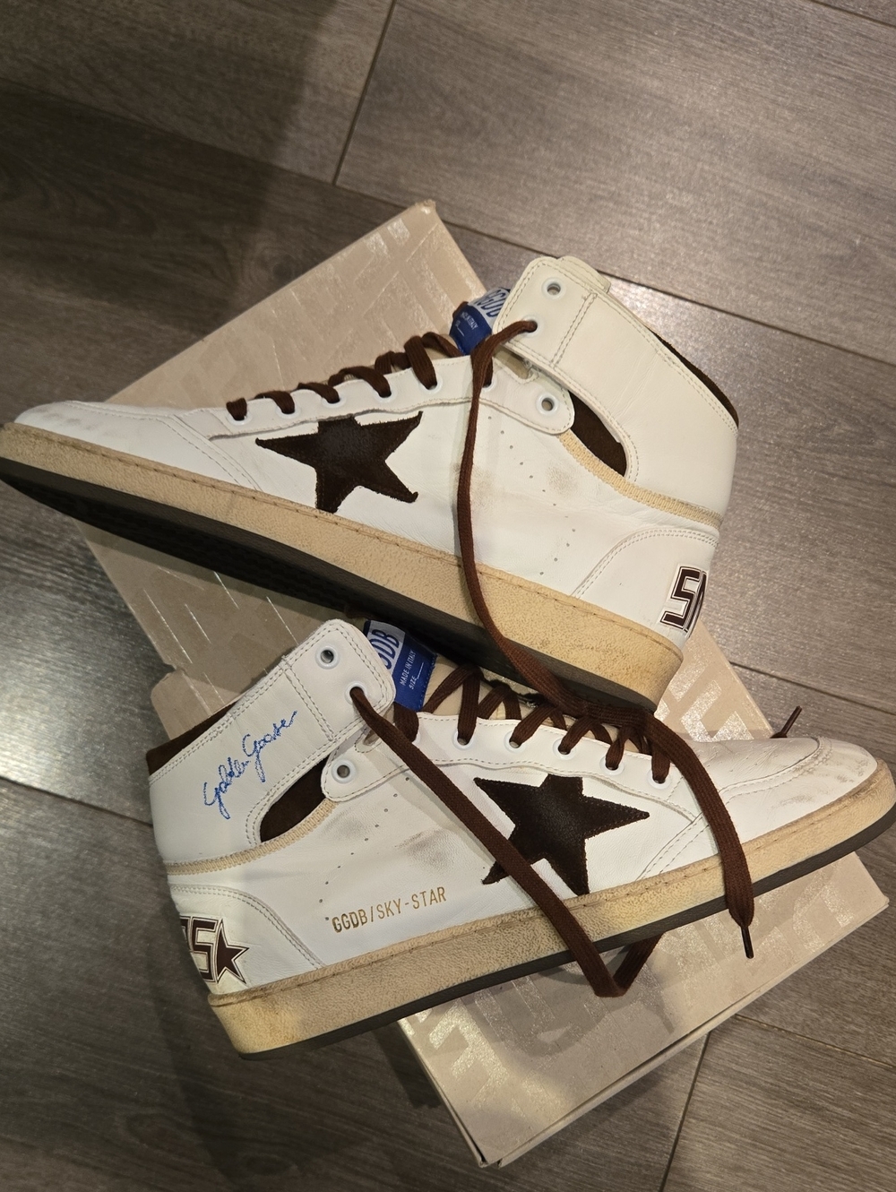 Golden Goose White and Brown High-Top Star Sneakers
